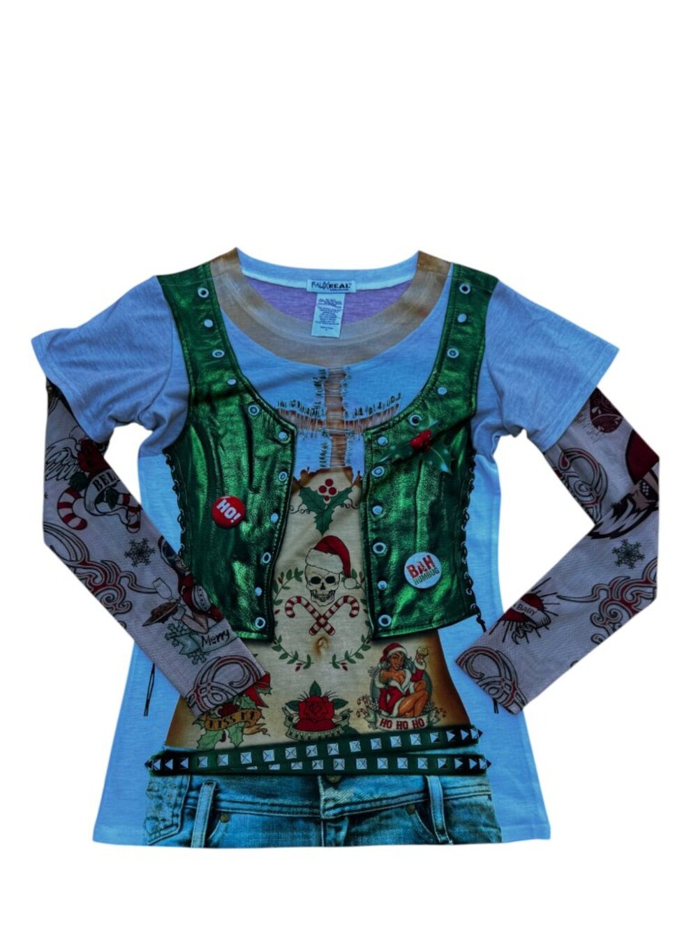 NWOT Faux Real Photorealistic Christmas Tattoo Shirt Women’s M